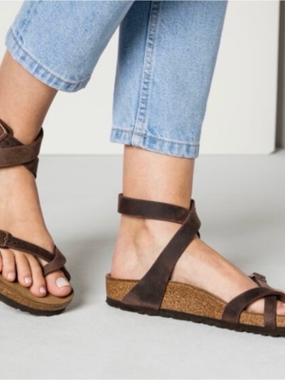 Birkenstock Yara Oiled Leather Brown Cork Ankle-Strap Sandals size 38/US7.5-8